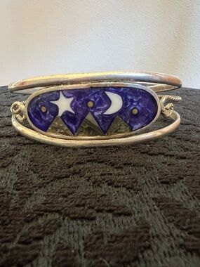 Vintage Sterling Silver Moon & Star Inlay Cuff Bracelet